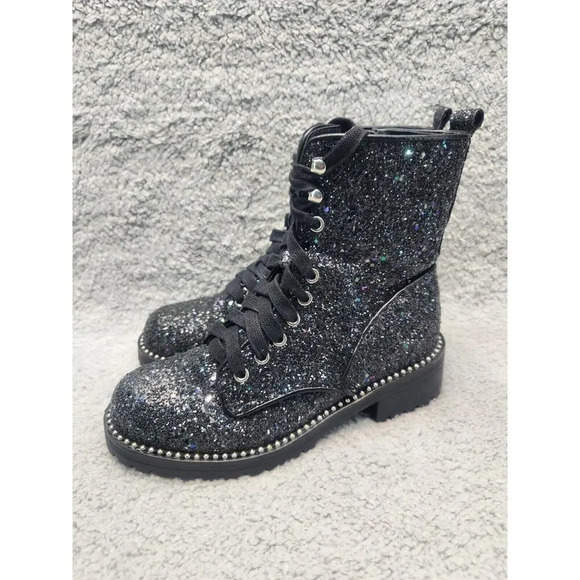 Portland Shoes - Black Glitter Combat Boots 6.5 Portland Whimsagoth Studded Fairy Iridescent EUC